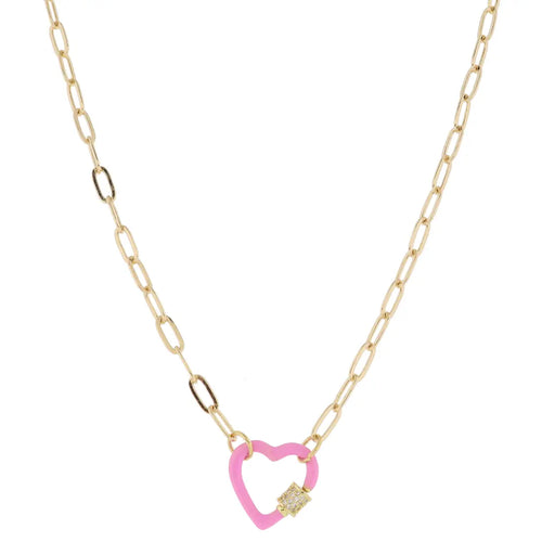 Pink Enamel Dipped Heart Carabiner with Crystal Pave Latch Necklace