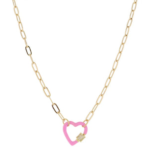 Pink Enamel Dipped Heart Carabiner with Crystal Pave Latch Necklace