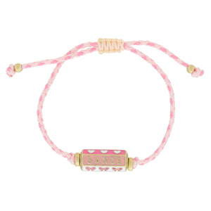 Kids 6-Sided Enamel Cylinder Bar, Hot Pink with White Hearts, Light Pink "DANCE", White with Pink Bows Bracelet