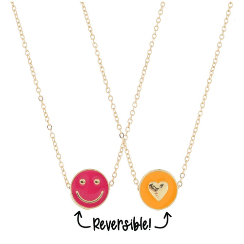 Kids Reversible Disc with Hot Pink Enamel Happy Face and Orange Enamel Heart Necklace