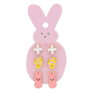 Kids 3 Stud Set, White Enamel Square Cross, Multi Flower Easter Egg, Pink Glitter Enamel Bunny Earrings