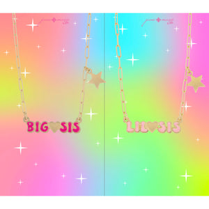 KIDS SET OF 2, RETRO PINK "BIG?SIS" & "LIL?SIS" WITH STAR CHARM CHAIN NECKLACE