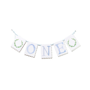 Blue "ONE" Highchair Banner with Laurel Wreath End Pieces