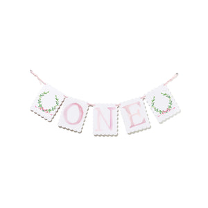 Pink "ONE" Highchair Banner with Laurel Wreath End Pieces