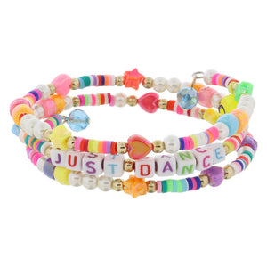 Kids Multi Rubber Sequin, Pearl, Multi Iridescent Icons with "JUST DANCE" Beaded Coil Bracelet