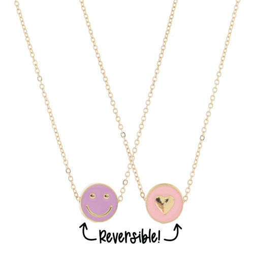 Kids Reversible Disc with Lavender Enamel Happy Face and Light Pink Enamel Heart Necklace