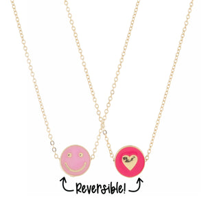 Kids Reversible Disc with Pink Enamel Happy Face and Hot Pink Enamel Heart Necklace
