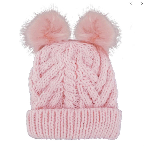 Fluffer Blush Pink Cable Hat with Poms
