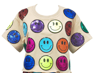 Kids Tan Multi Colored Smiley Face Top
