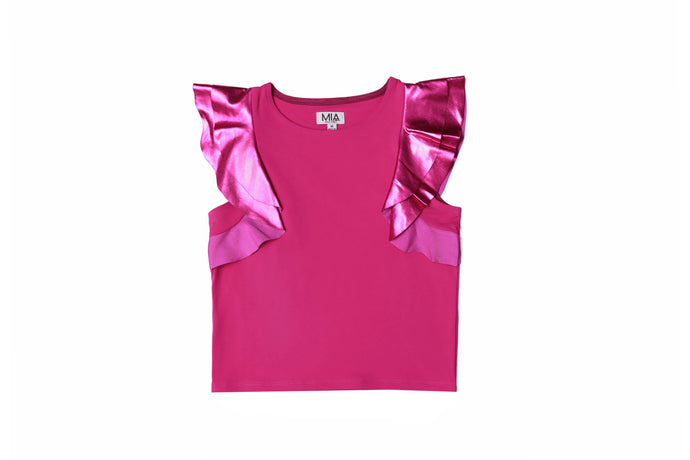 Pink Flutter Top Metallic Sleeve Top