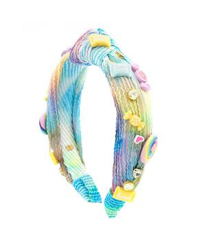 Neon Tiedye crinkle knot headband with candy charms