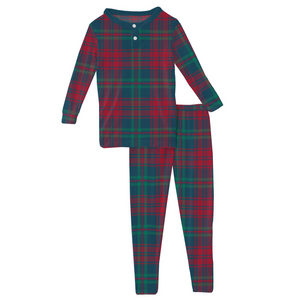 Long Sleeve Henley Pajama Set Peacock Plaid