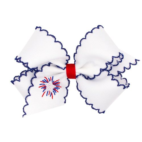 Medium White Grosgrain Bow with Royal Moonstitch Edge and Firework Embroidery