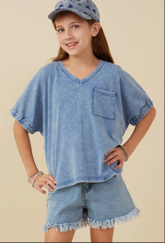 Girls Garment Washed V Neck Elastic Sleeve T Shirt