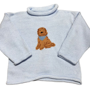 Roll Neck Sweater, Goldendoodle on Blue