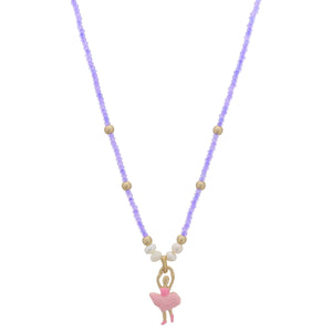 KIDS NEON PURPLE BEADED & PEARL ACCENTS WITH MULTI PINK ENAMEL BALLERINA NECKLACE