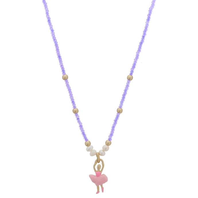 KIDS NEON PURPLE BEADED & PEARL ACCENTS WITH MULTI PINK ENAMEL BALLERINA NECKLACE