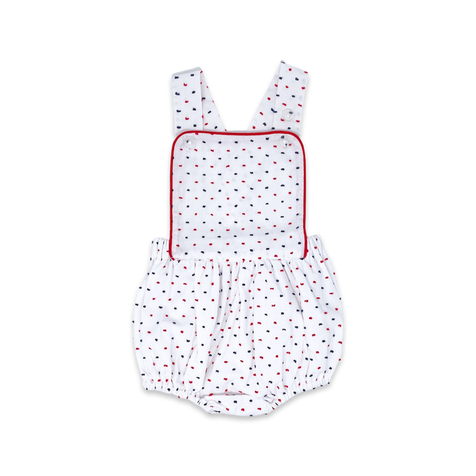 Arthur Apron Sunsuit -Navy & Red Swiss Dot