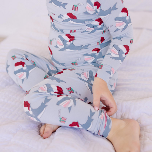 Long Sleeve Pajama Set Illusion Blue Holiday Sharks