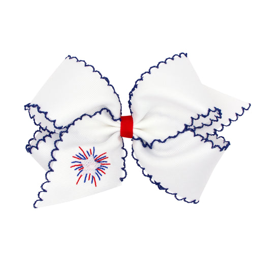 King White Grosgrain Bow with Royal Moonstitch Edge and Firework Embroidery