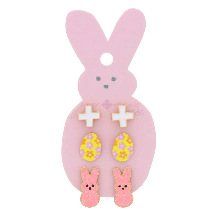 Kids 3 Stud Set, White Enamel Square Cross, Multi Flower Easter Egg, Pink Glitter Enamel Bunny Earrings