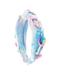 Blue Tiedye crinkle knot headband with candy charms