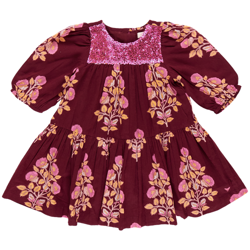 Girls Fiona Dress - Burgundy Bouquet Floral