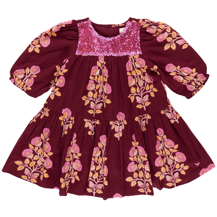 Girls Fiona Dress - Burgundy Bouquet Floral