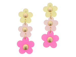 Yellow, Light Pink, Hot Pink Tierred Acylic Flowers Earrings
