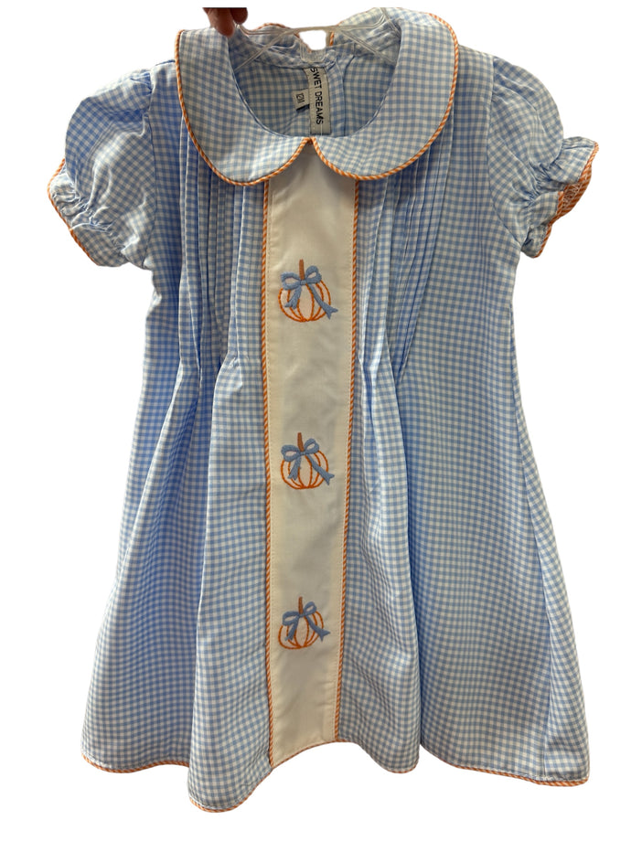 Blue Gingham Pumpkin Bow Girl Dress