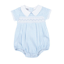 Mini Checks Light Blue Smocked Short Sleeve Boy Bubble