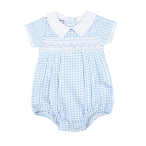 Mini Checks Light Blue Smocked Short Sleeve Boy Bubble