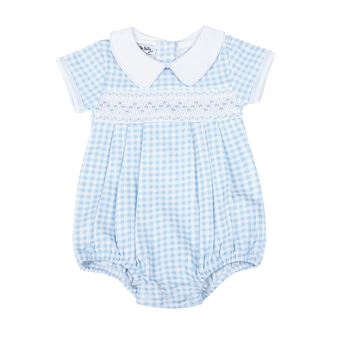 Mini Checks Light Blue Smocked Short Sleeve Boy Bubble