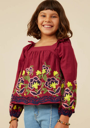 Girls Large Floral Embroidered Ruffled Top