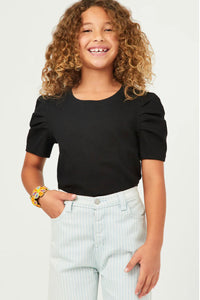 Girls Black Ribbed Pleated Shoulder Puff Sleeve Top