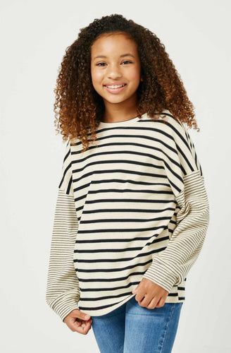 Oatmeal Contrast Stripe Sleeve Textured Knit Top