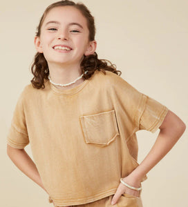 Taupe Girls Washed Raw Edge Detail Pocket T Shirt