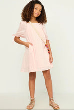 Light Pink Girls Textured Solid Checkered Tie Sleeve Square Neck Dress
