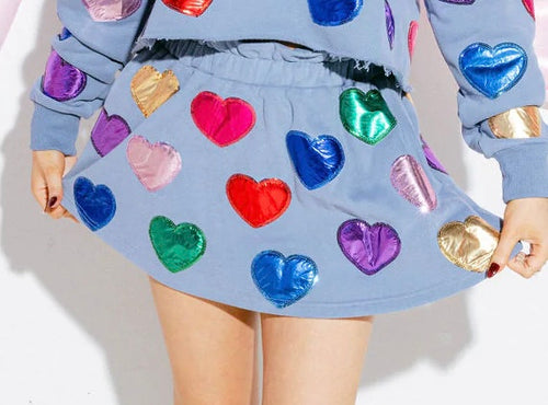 Kids Dusty Blue Rainbow Foil Heart Skort