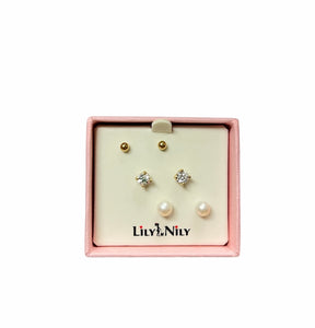 Cultured Pearl/CZ/Gold Ball Stud Set