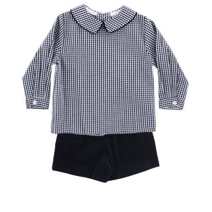 Navy Check Boy Piped Shirt with Navy Cord Short Set