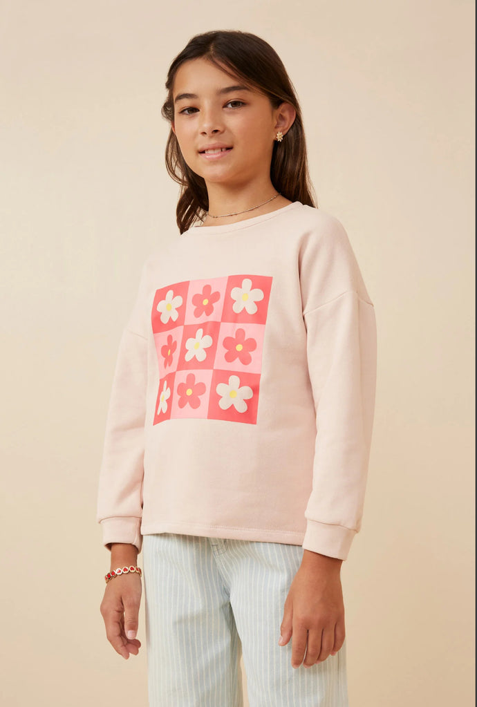 Girls Floral Garden Print Long Sleeve French Terry Top