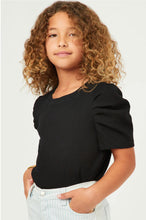 Girls Black Ribbed Pleated Shoulder Puff Sleeve Top