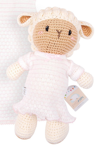 Paty Pals 13″ Medium Size Crocheted Lamb w/ Pinstripe Dress