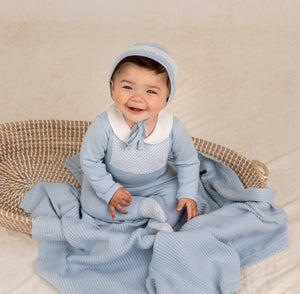 Boys Jacquard Collared Knit Romper & Bonnet