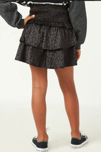 Girls Black Satin Leopard Print Smocked Waist Skirt