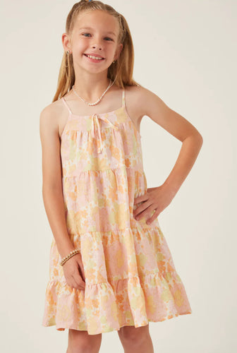 Girls Front Tie Textured Floral Tiered Tank Dress