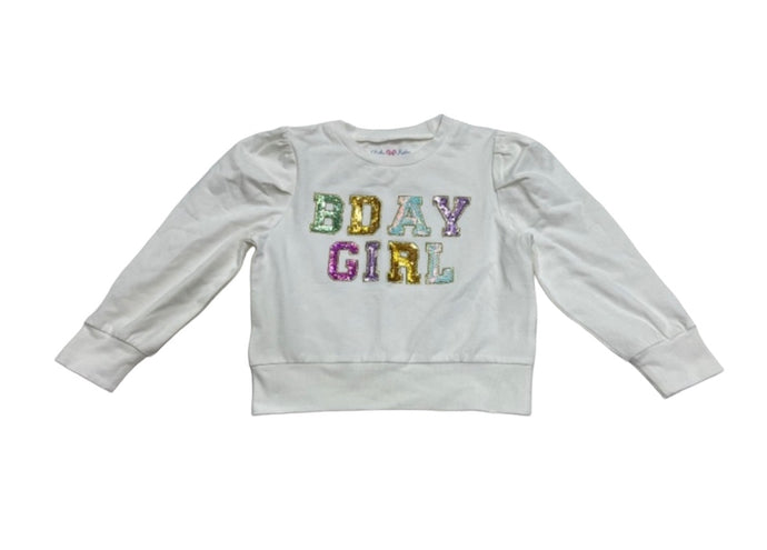 White Sequin BDAY Puff LS Shirt