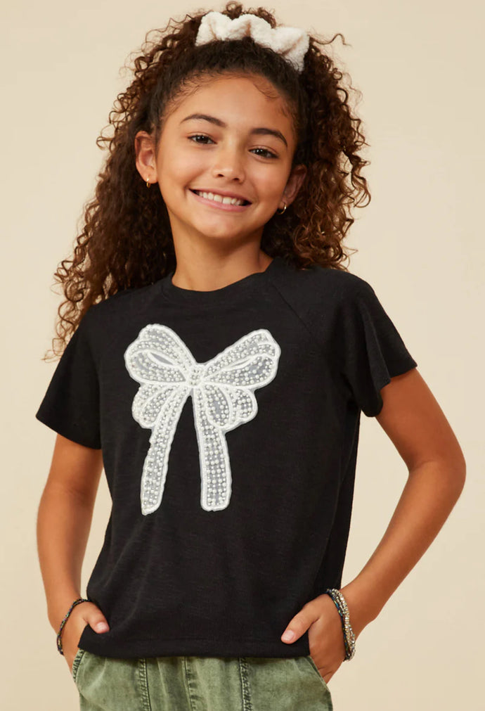 Girls Pearl Ribbon Patch Knit T Shirt