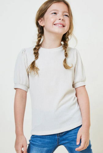 Cream Ribbed Puff Sleeve T-Shirt